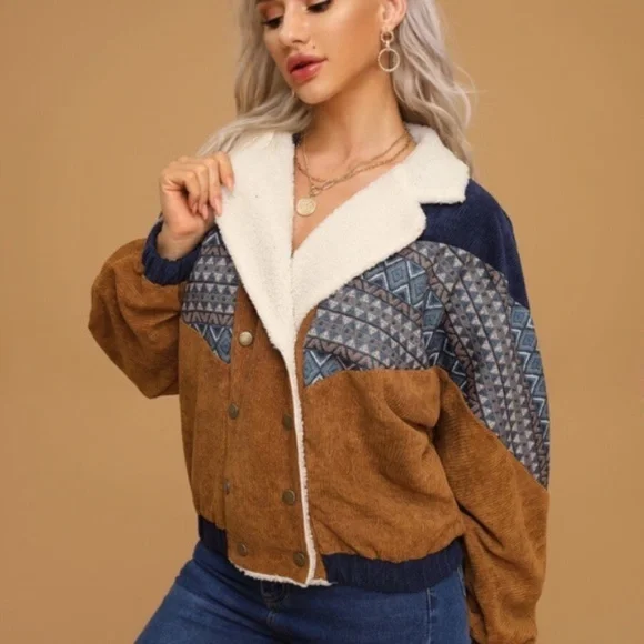 Navy Camel Corduroy shearling line tribal Button Jacket Boho Teddy - Picture 8 of 8